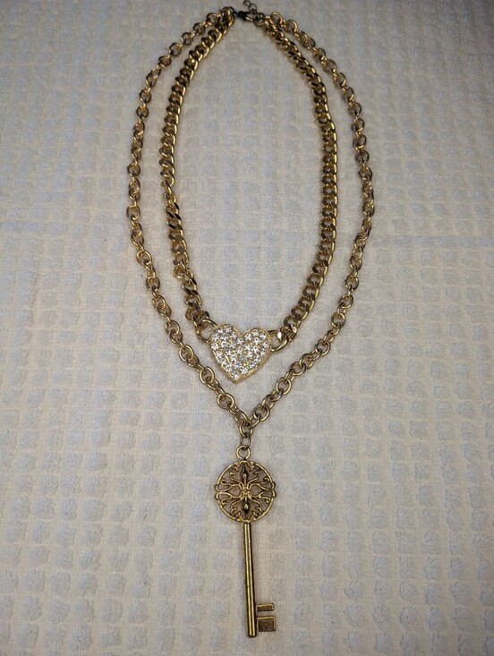 Jewelry - Gold Rhinestone Heart and skeleton Key Layered Necklace